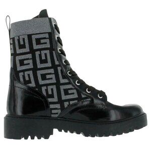 Guess Olinia Faux Patent Leather Black Silver Logo Combat Boots Lug Sole Size 8